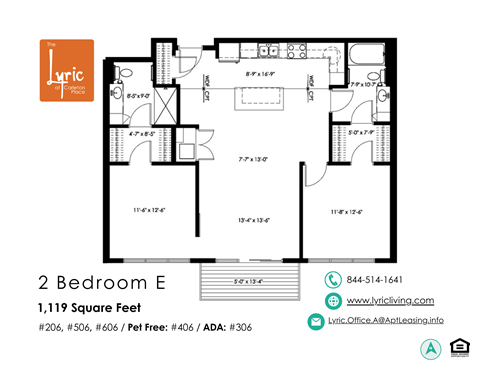 Floor plan for 2 beds, 2 baths, 1119 sqft
